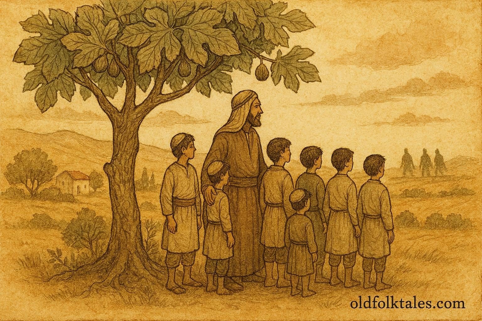 Parchment-style artwork of a Syrian parent and seven sons united against danger.