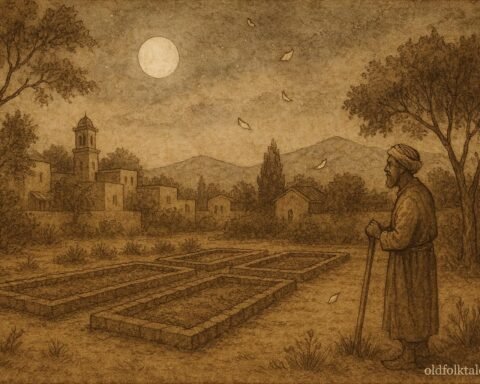 Parchment-style illustration of a moonlit garden and humble gardener, Syrian Arab folktale scene