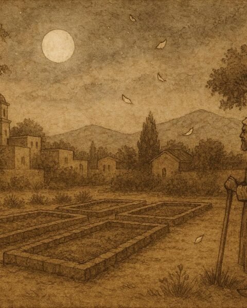 Parchment-style illustration of a moonlit garden and humble gardener, Syrian Arab folktale scene