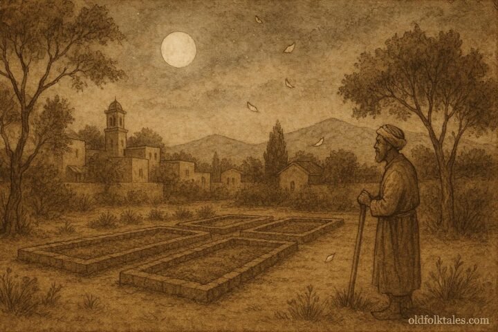 Parchment-style illustration of a moonlit garden and humble gardener, Syrian Arab folktale scene