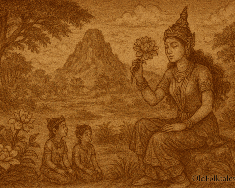 Sepia-toned landscape illustration on aged rice parchment depicting Popa Medaw seated gracefully beneath Mount Popa. She holds a glowing flower near her face, symbolizing her mystical origins as a flower-eating ogress. Her two sons sit reverently beside her, dressed in traditional Burmese attire. The sacred mountain rises in the background, shrouded in mist and surrounded by lush forest. “OldFolktales.com” is inscribed at the bottom right.