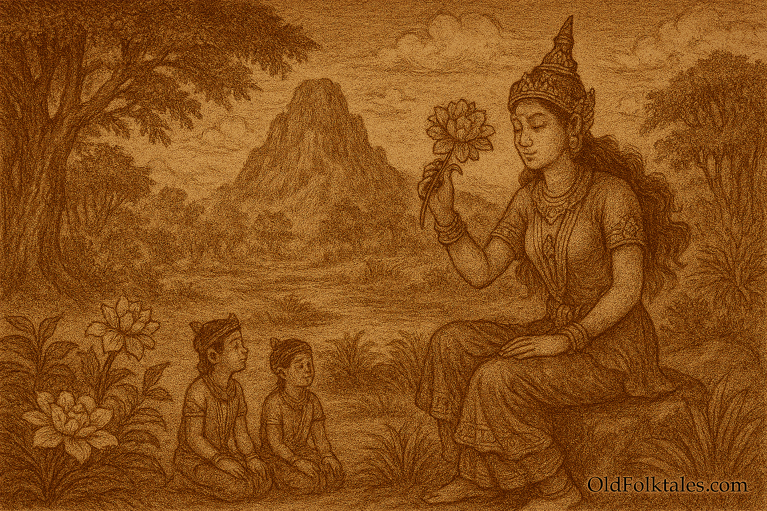 Sepia-toned landscape illustration on aged rice parchment depicting Popa Medaw seated gracefully beneath Mount Popa. She holds a glowing flower near her face, symbolizing her mystical origins as a flower-eating ogress. Her two sons sit reverently beside her, dressed in traditional Burmese attire. The sacred mountain rises in the background, shrouded in mist and surrounded by lush forest. “OldFolktales.com” is inscribed at the bottom right.