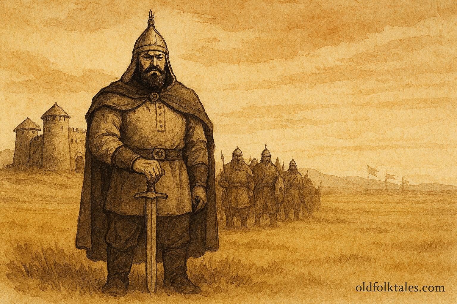 Parchment-style illustration of Gorogly before his stronghold on the Turkmen steppe, Turkmen folktale scene.