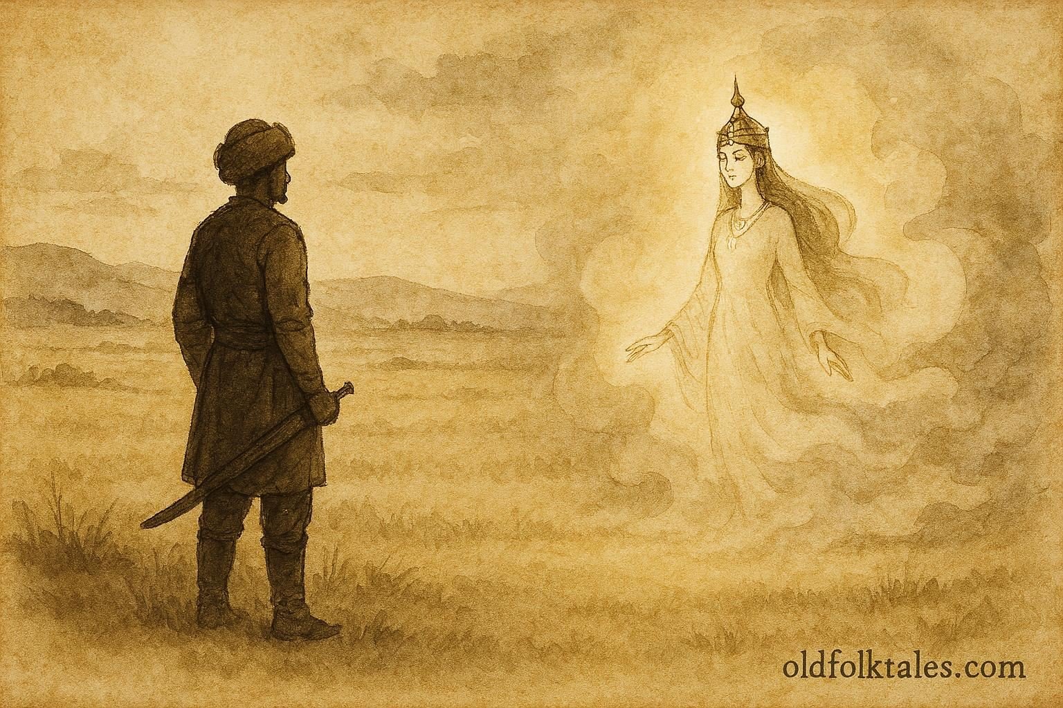 Parchment-style artwork of Gorogly facing the Peri princess, Turkmen folktale scene.