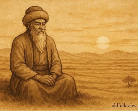 Parchment-style artwork of Gorogly reflecting on the steppe at sunset, Turkmen folktale scene.
