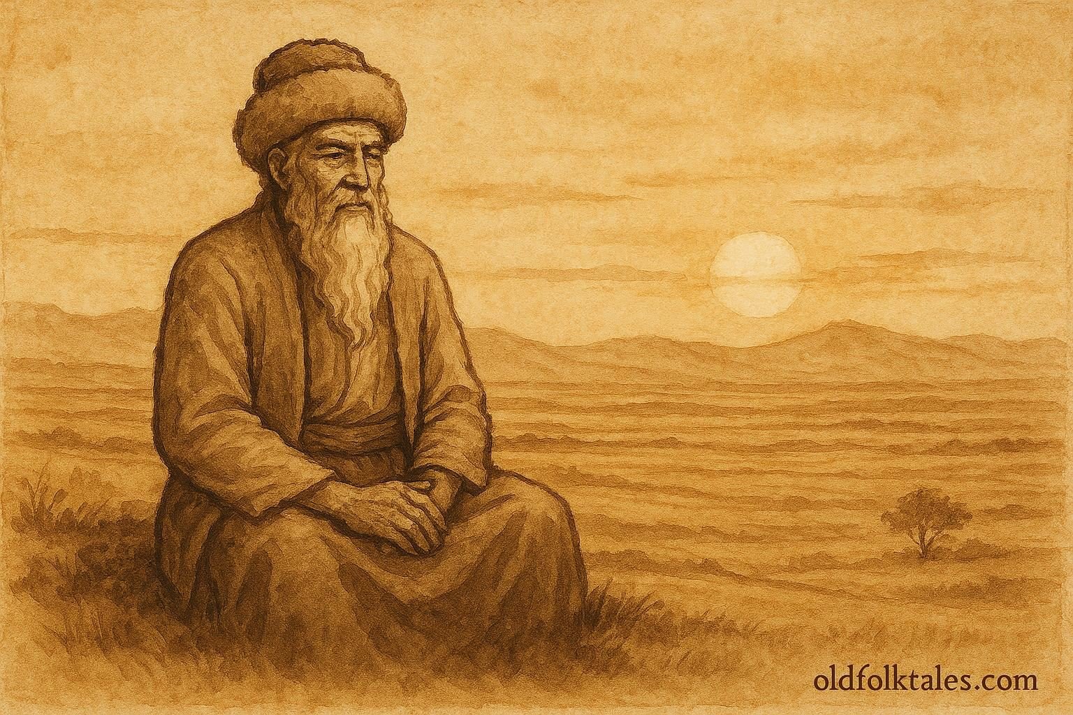 Parchment-style artwork of Gorogly reflecting on the steppe at sunset, Turkmen folktale scene.