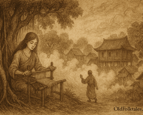 Sepia-toned parchment illustration of the Vietnamese legend The Banyan Spirit of Tra Kieu. On the left, a colossal banyan tree with gnarled roots and sprawling branches shelters a translucent spirit woman seated at a wooden loom, weaving threads that shimmer faintly. Her expression is serene and focused. To the right, thick supernatural fog rolls through a traditional village of stilted wooden houses, partially obscuring the buildings and trees. A lone monk walks into the mist, his hand raised as if in farewell or reverence. The atmosphere evokes mystery, protection, and ancient wisdom. “OldFolktales.com” is inscribed at the bottom right.