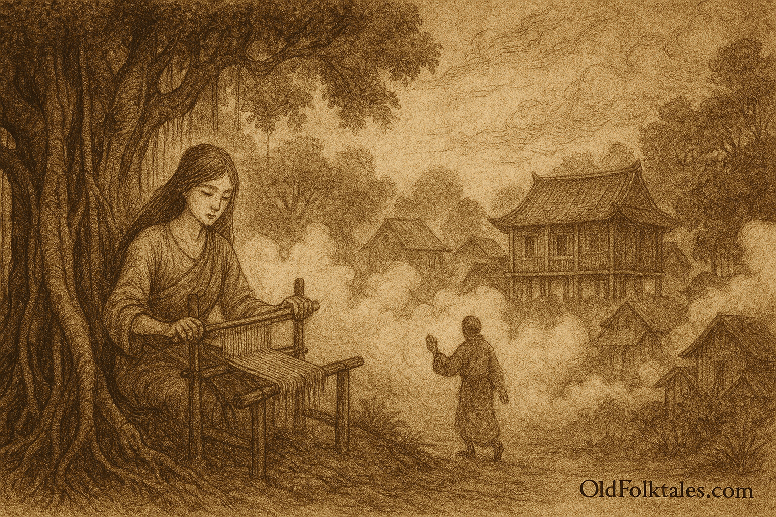 Sepia-toned parchment illustration of the Vietnamese legend The Banyan Spirit of Tra Kieu. On the left, a colossal banyan tree with gnarled roots and sprawling branches shelters a translucent spirit woman seated at a wooden loom, weaving threads that shimmer faintly. Her expression is serene and focused. To the right, thick supernatural fog rolls through a traditional village of stilted wooden houses, partially obscuring the buildings and trees. A lone monk walks into the mist, his hand raised as if in farewell or reverence. The atmosphere evokes mystery, protection, and ancient wisdom. “OldFolktales.com” is inscribed at the bottom right.