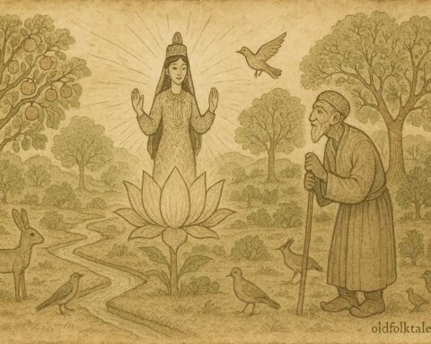 Parchment-style artwork of Guli emerging from a magical flower, Uzbek folktale scene.
