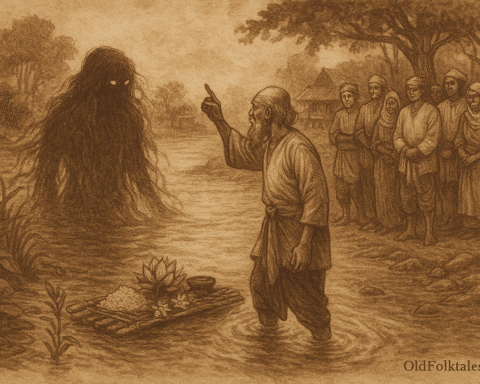 Sepia-toned illustration on aged rice parchment depicting a Malaysian folktale ritual at a mystical river. Tok Hassan, an elderly shaman, stands knee-deep in water with one arm raised, facing the ethereal Hantu Sungai—a shadowy river spirit with glowing eyes and flowing hair merging into aquatic plants. A bamboo raft floats nearby carrying offerings of rice, flowers, and incense. Seven villagers in traditional attire observe solemnly from the riverbank under a full moon, framed by dense jungle and rustic village huts. “OldFolktales.com” is inscribed at the bottom right.