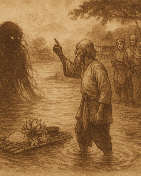 Sepia-toned illustration on aged rice parchment depicting a Malaysian folktale ritual at a mystical river. Tok Hassan, an elderly shaman, stands knee-deep in water with one arm raised, facing the ethereal Hantu Sungai—a shadowy river spirit with glowing eyes and flowing hair merging into aquatic plants. A bamboo raft floats nearby carrying offerings of rice, flowers, and incense. Seven villagers in traditional attire observe solemnly from the riverbank under a full moon, framed by dense jungle and rustic village huts. “OldFolktales.com” is inscribed at the bottom right.