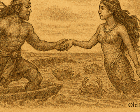 sepia-toned parchment illustration of Hanuman and Sovanna Maccha: The Golden Mermaid of Cambodia. It captures the magical moment where divine duty meets unexpected romance Hanuman confronting Sovanna Maccha as she commands her underwater army to dismantle the bridge, only for love and understanding to blossom between them.
