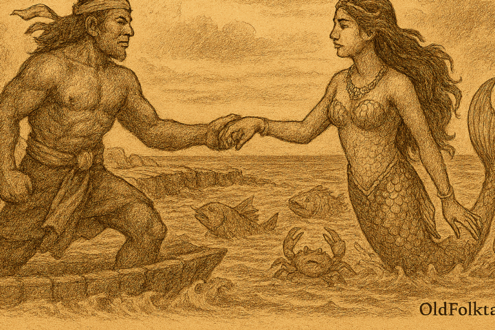 sepia-toned parchment illustration of Hanuman and Sovanna Maccha: The Golden Mermaid of Cambodia. It captures the magical moment where divine duty meets unexpected romance Hanuman confronting Sovanna Maccha as she commands her underwater army to dismantle the bridge, only for love and understanding to blossom between them.