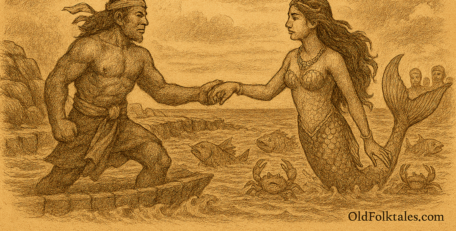 sepia-toned parchment illustration of Hanuman and Sovanna Maccha: The Golden Mermaid of Cambodia. It captures the magical moment where divine duty meets unexpected romance Hanuman confronting Sovanna Maccha as she commands her underwater army to dismantle the bridge, only for love and understanding to blossom between them.