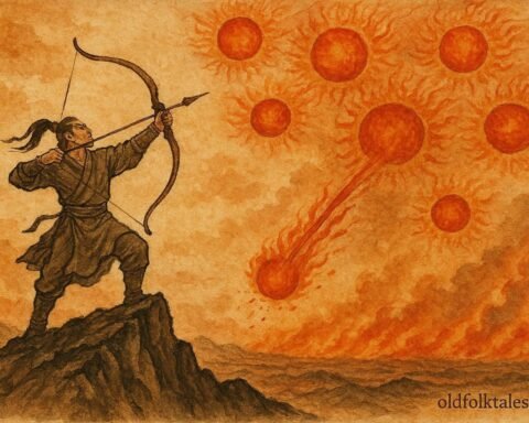 Hou Yi aiming his bow at multiple suns in the sky, ancient Chinese myth.