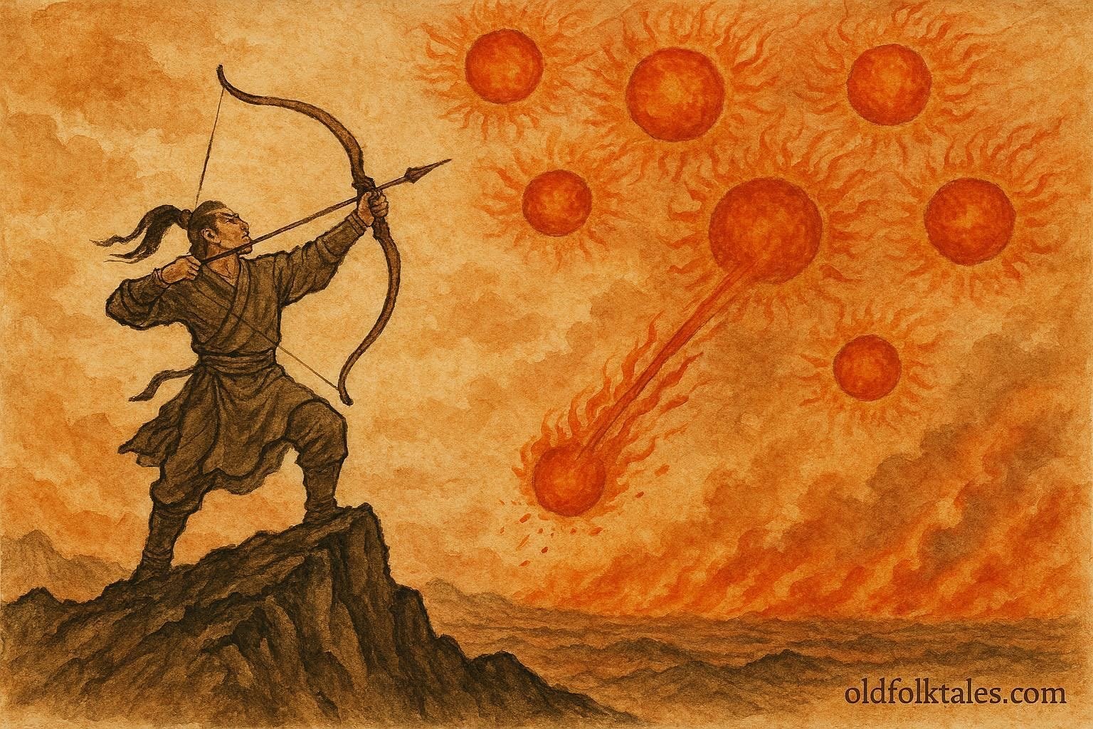 Hou Yi aiming his bow at multiple suns in the sky, ancient Chinese myth.