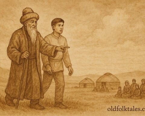 Parchment-style artwork of elder teaching lineage tradition, Kazakh folktale scene.