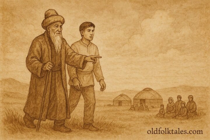 Parchment-style artwork of elder teaching lineage tradition, Kazakh folktale scene.