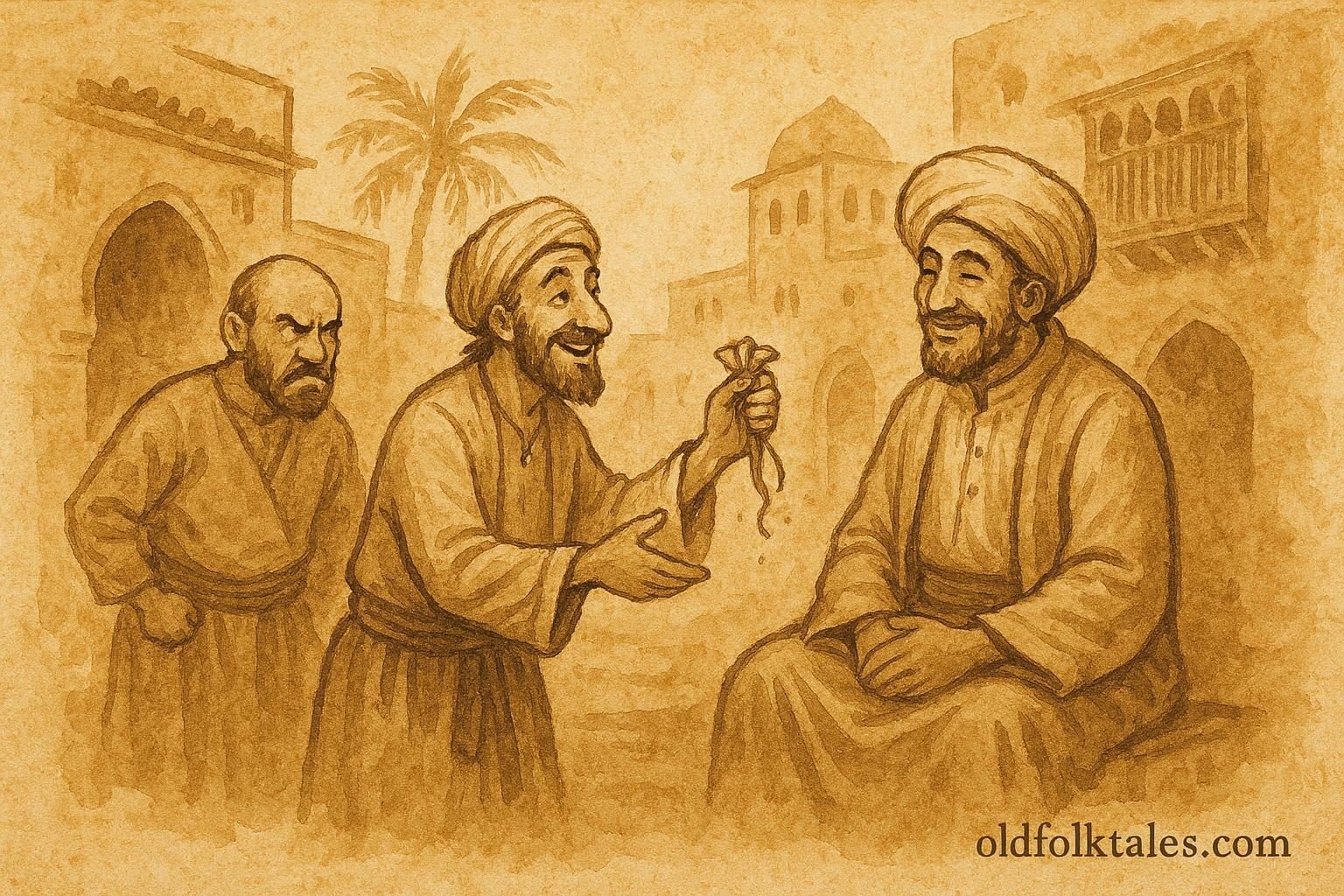 Parchment-style artwork of Juha shaking coins before the Qadi in a Hijazi Arabian folktale.
