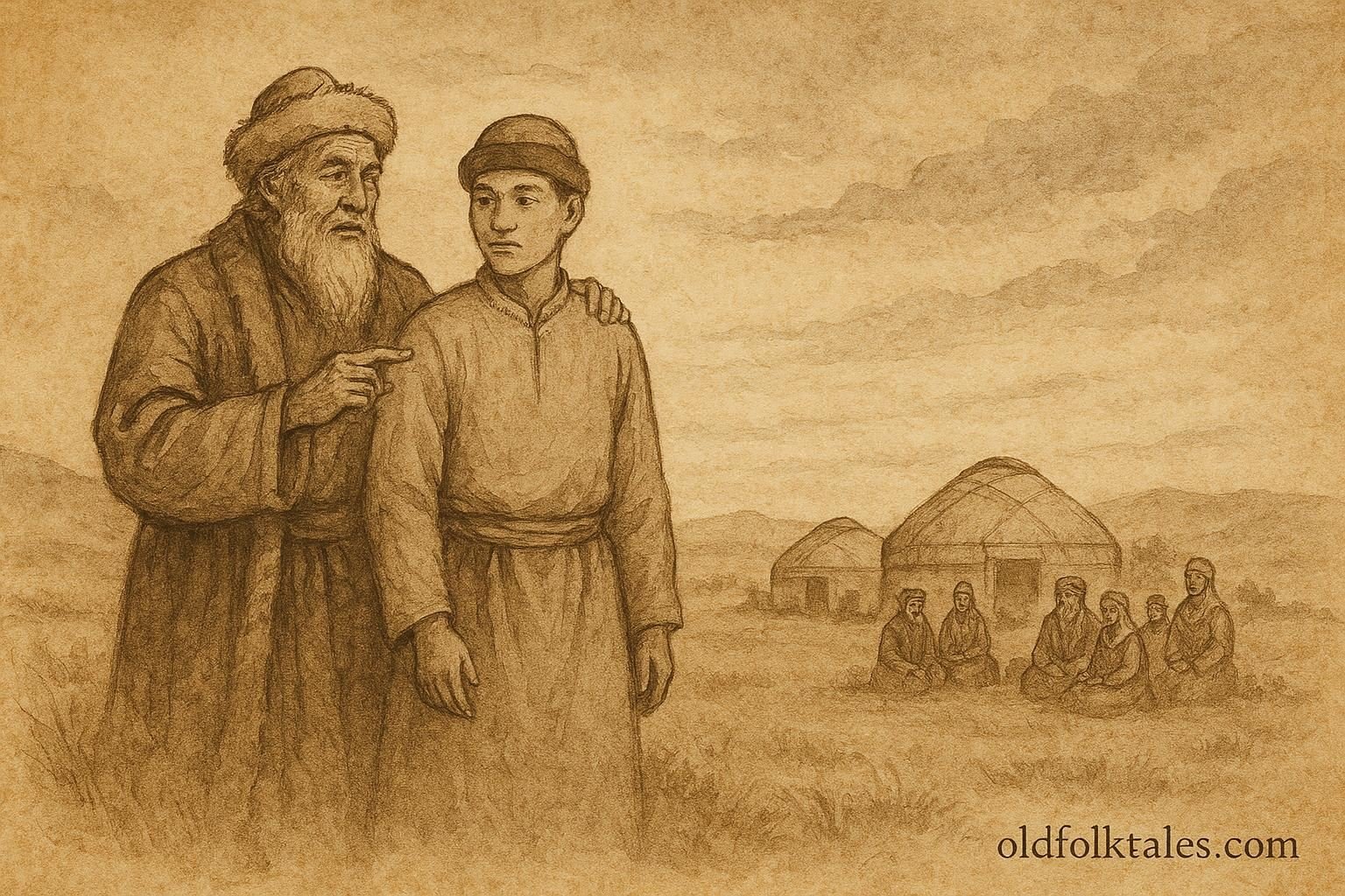 Parchment-style artwork of Kambar Batyr on the Kazakh steppe, Kazakhstan folktale scene.