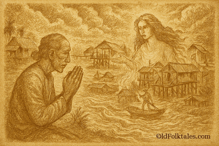 Sepia-toned illustration of Awang, a Bruneian elder, kneeling in prayer at the flood-swollen Brunei River, as a graceful river spirit with flowing hair emerges from the glowing water to guide him. In the background, villagers construct Kampong Ayer traditional stilt houses rising above the water under stormy monsoon skies, symbolizing harmony between humanity and nature. 'OldFolktales.com' is inscribed at the bottom right