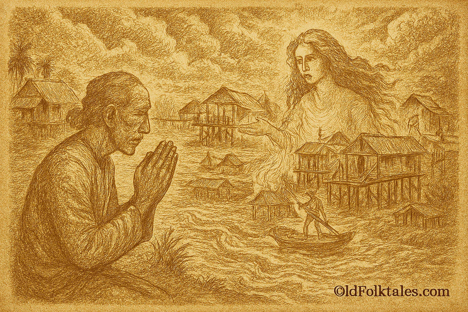 Sepia-toned illustration of Awang, a Bruneian elder, kneeling in prayer at the flood-swollen Brunei River, as a graceful river spirit with flowing hair emerges from the glowing water to guide him. In the background, villagers construct Kampong Ayer traditional stilt houses rising above the water under stormy monsoon skies, symbolizing harmony between humanity and nature. 'OldFolktales.com' is inscribed at the bottom right
