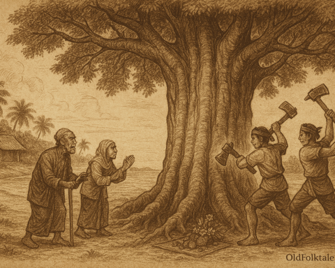 A sepia-toned landscape illustration on aged rice parchment depicts a dramatic folktale scene from Kampung Merang. At the center stands the colossal Merang tree with a wide, gnarled trunk and sprawling canopy, its roots anchoring deep into the earth. On the right, three young men in traditional sarongs and headbands wield axes, striking the tree with determined expressions. On the left, an elderly man with a staff and an elderly woman with clasped hands plead desperately, their faces etched with sorrow. Birds erupt from the tree’s branches in panic, and storm clouds gather over the coastal village in the background, where palm trees sway and thatched huts line the shore. At the base of the tree, offerings of fruit and flowers rest on a woven mat. The image is rendered in fine ink-style lines with cross-hatching for texture and depth. “OldFolktales.com” is inscribed in elegant serif font at the bottom right corner.