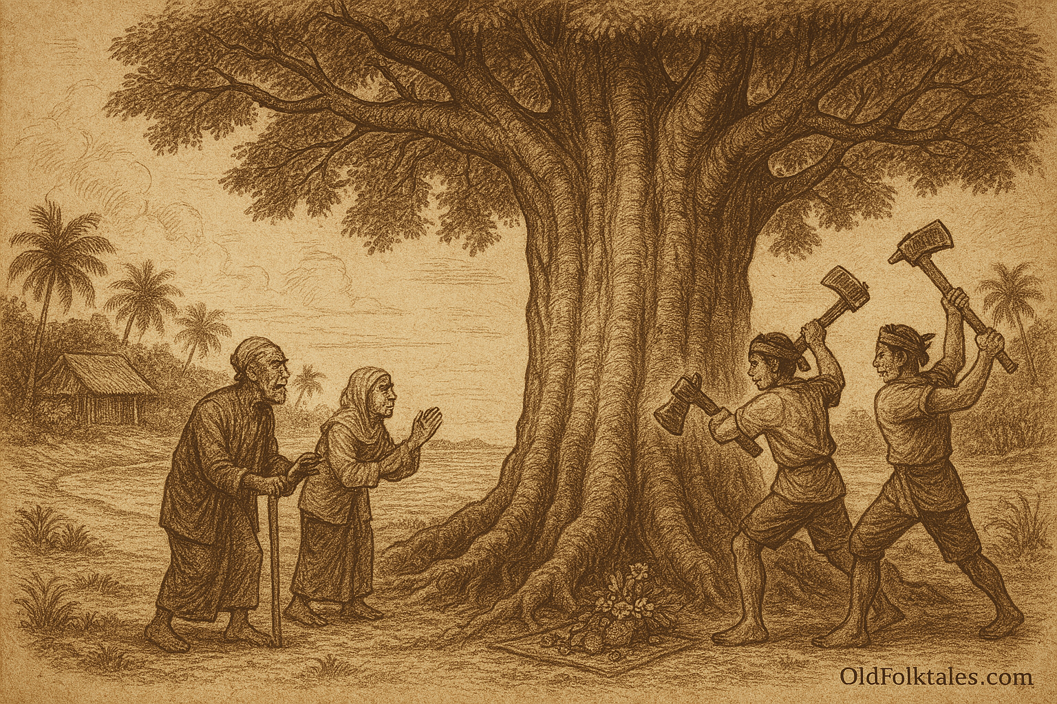A sepia-toned landscape illustration on aged rice parchment depicts a dramatic folktale scene from Kampung Merang. At the center stands the colossal Merang tree with a wide, gnarled trunk and sprawling canopy, its roots anchoring deep into the earth. On the right, three young men in traditional sarongs and headbands wield axes, striking the tree with determined expressions. On the left, an elderly man with a staff and an elderly woman with clasped hands plead desperately, their faces etched with sorrow. Birds erupt from the tree’s branches in panic, and storm clouds gather over the coastal village in the background, where palm trees sway and thatched huts line the shore. At the base of the tree, offerings of fruit and flowers rest on a woven mat. The image is rendered in fine ink-style lines with cross-hatching for texture and depth. “OldFolktales.com” is inscribed in elegant serif font at the bottom right corner.