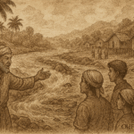 Sepia-toned parchment illustration depicting the Malaysian folktale of Kampung Panchor’s origin. An elder Malay man gestures toward a forceful river bend, warning younger settlers of flood danger. Three villagers—two men and a woman—listen intently, their expressions serious. On one side of the river, families build homes on high ground; on the other, some construct dwellings dangerously close to the water. The river churns with rising currents, and dark clouds gather overhead, foreshadowing monsoon floods. Traditional stilt houses, palm trees, and dense jungle frame the scene. “OldFolktales.com” is inscribed at the bottom right.
