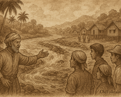 Sepia-toned parchment illustration depicting the Malaysian folktale of Kampung Panchor’s origin. An elder Malay man gestures toward a forceful river bend, warning younger settlers of flood danger. Three villagers—two men and a woman—listen intently, their expressions serious. On one side of the river, families build homes on high ground; on the other, some construct dwellings dangerously close to the water. The river churns with rising currents, and dark clouds gather overhead, foreshadowing monsoon floods. Traditional stilt houses, palm trees, and dense jungle frame the scene. “OldFolktales.com” is inscribed at the bottom right.