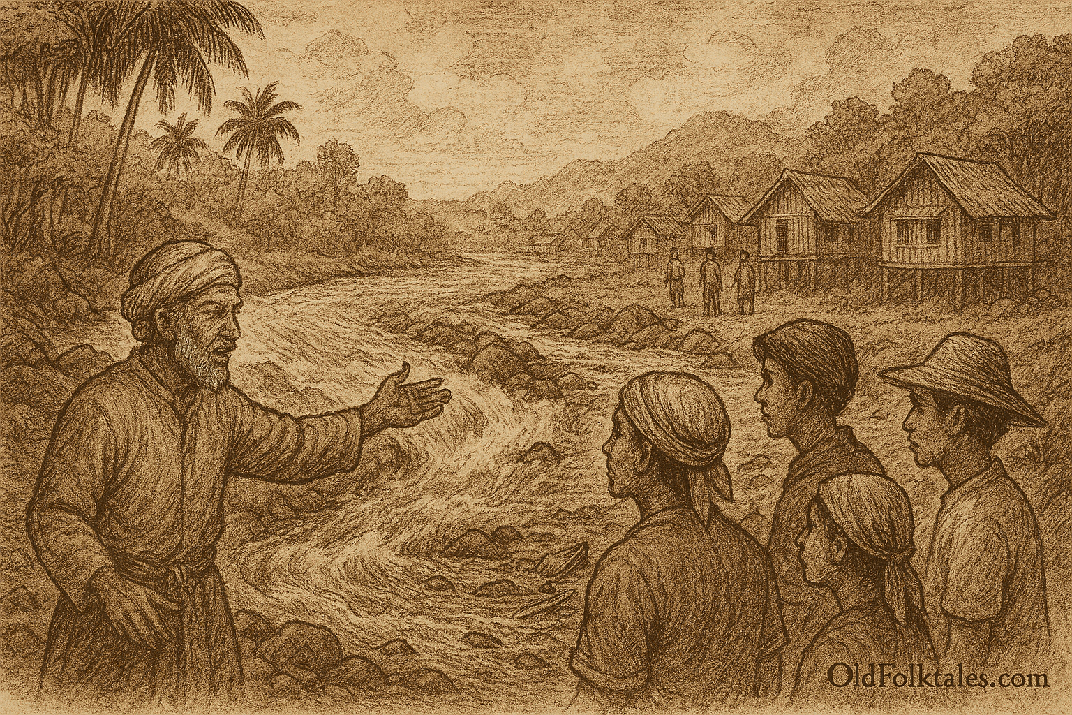Sepia-toned parchment illustration depicting the Malaysian folktale of Kampung Panchor’s origin. An elder Malay man gestures toward a forceful river bend, warning younger settlers of flood danger. Three villagers—two men and a woman—listen intently, their expressions serious. On one side of the river, families build homes on high ground; on the other, some construct dwellings dangerously close to the water. The river churns with rising currents, and dark clouds gather overhead, foreshadowing monsoon floods. Traditional stilt houses, palm trees, and dense jungle frame the scene. “OldFolktales.com” is inscribed at the bottom right.