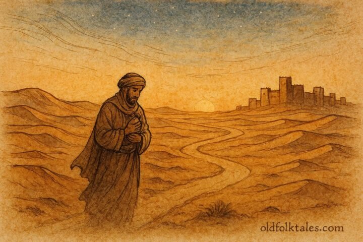 Parchment style artwork of Kareem crossing the desert with a sacred vow, Palestinian folktale.