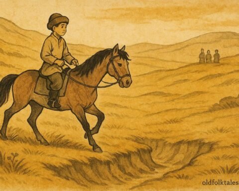 Parchment-style artwork of Kasykbay riding his clever horse across Kazakh steppe hills.
