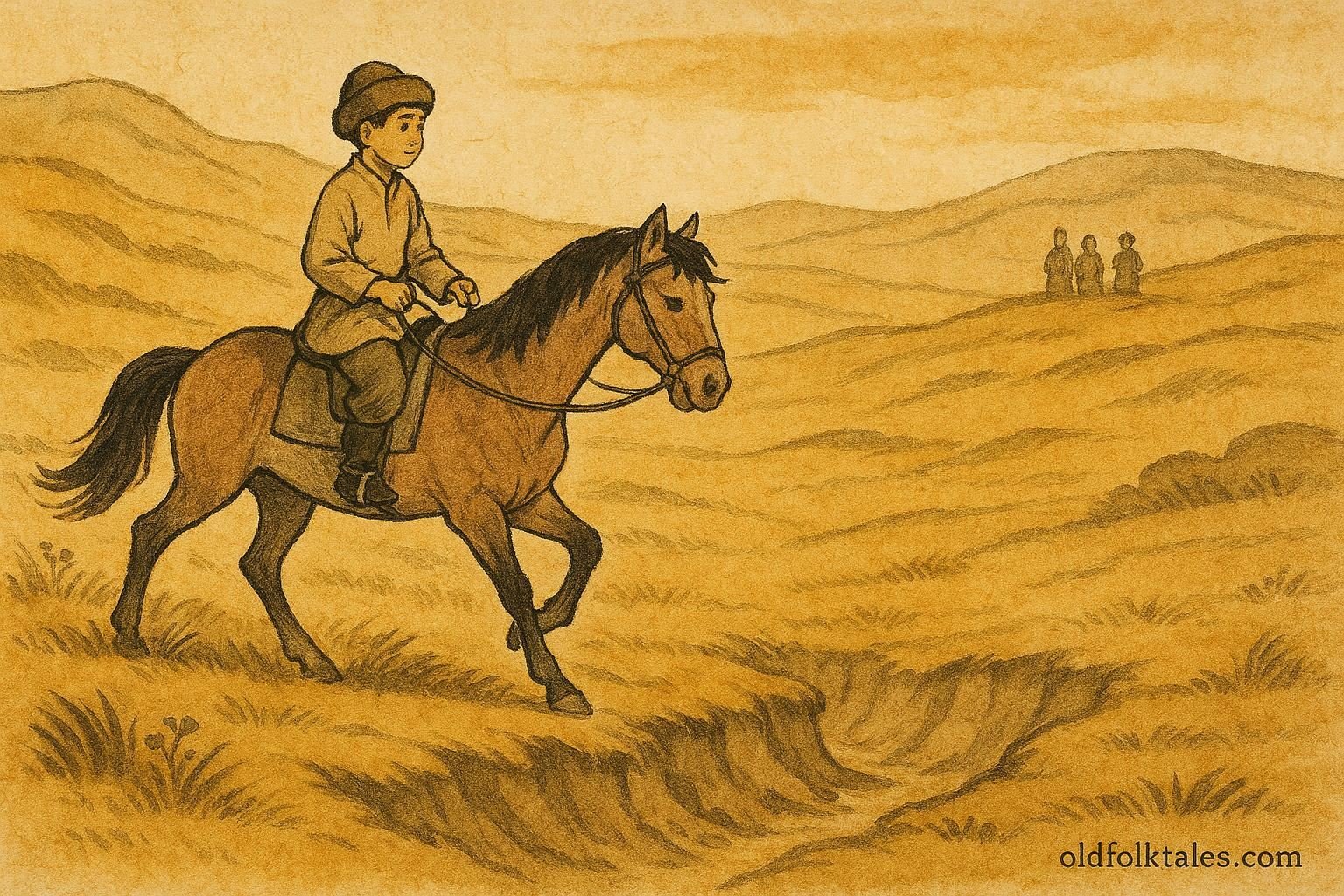 Parchment-style artwork of Kasykbay riding his clever horse across Kazakh steppe hills.
