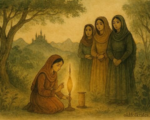 Parchment-style artwork of the Afghan bride with magical spindle, three sisters, and distant fortress.