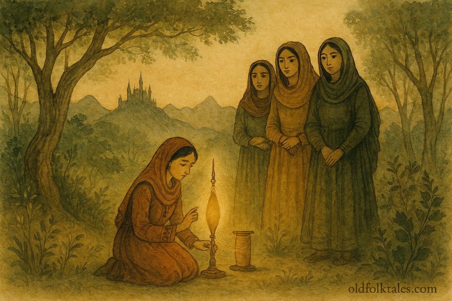 Parchment-style artwork of the Afghan bride with magical spindle, three sisters, and distant fortress.