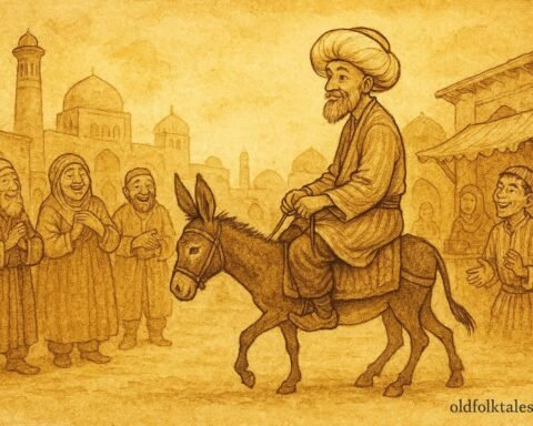 Parchment-style artwork of Khoja Nasreddin on a donkey, Uzbek folktale scene.