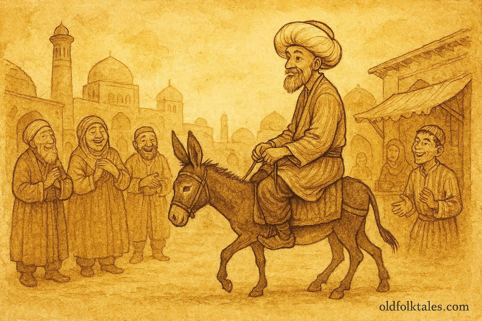 Parchment-style artwork of Khoja Nasreddin on a donkey, Uzbek folktale scene.
