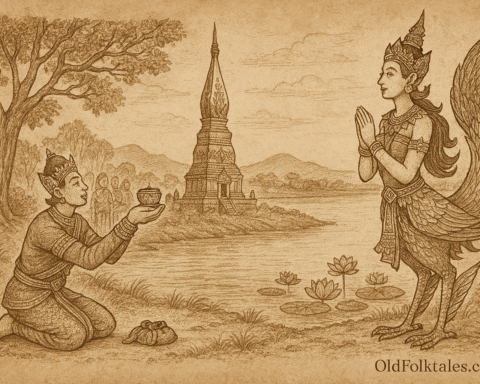 Sepia-toned parchment illustration of the Lao legend Kinnari of That Phanom. On the right, Manohara, a celestial maiden with the upper body of a woman and the lower body of a bird, stands gracefully beside the Mekong River. She wears a tall headdress, ornate jewelry, and a patterned sarong, with feathered wings and tail fanned behind her. Her hands are pressed together in a gesture of reverence. On the left, a prince kneels, offering her celestial garments with a sorrowful expression. Between them, a sacred stupa rises on the riverbank, surrounded by lotus flowers and trees. “OldFolktales.com” is inscribed at the bottom right.