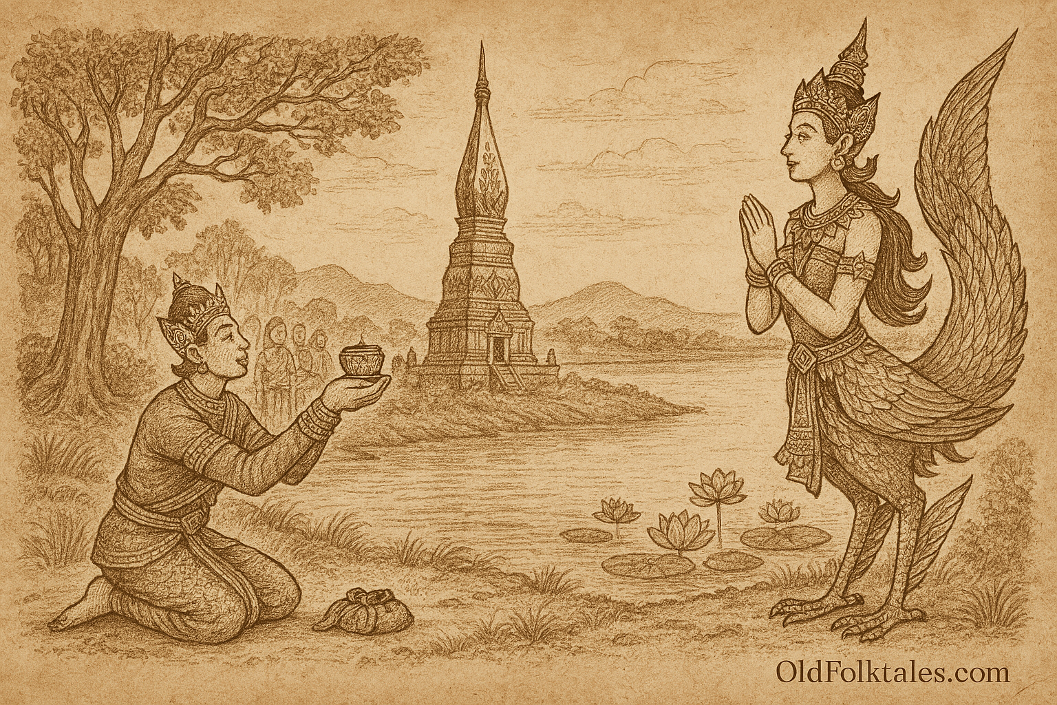 Sepia-toned parchment illustration of the Lao legend Kinnari of That Phanom. On the right, Manohara, a celestial maiden with the upper body of a woman and the lower body of a bird, stands gracefully beside the Mekong River. She wears a tall headdress, ornate jewelry, and a patterned sarong, with feathered wings and tail fanned behind her. Her hands are pressed together in a gesture of reverence. On the left, a prince kneels, offering her celestial garments with a sorrowful expression. Between them, a sacred stupa rises on the riverbank, surrounded by lotus flowers and trees. “OldFolktales.com” is inscribed at the bottom right.