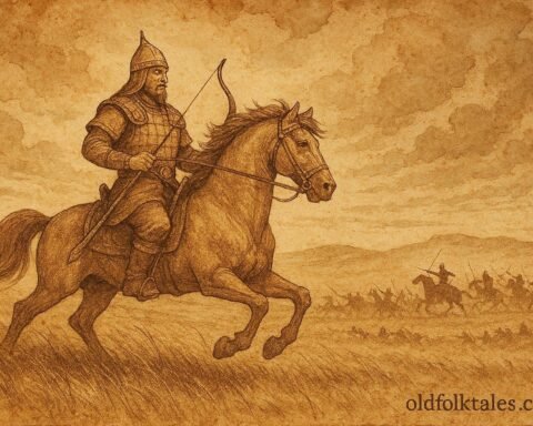 Parchment-style artwork of Koblandy Batyr on horseback, Kazakh epic scene.