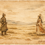 Parchment-style artwork of Kozy and Bayan on the Kazakh steppe, Kazakhstan folktale scene.