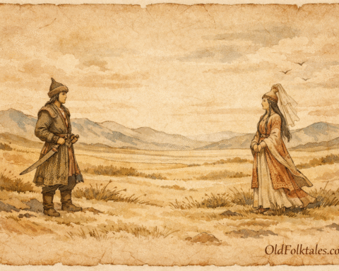 Parchment-style artwork of Kozy and Bayan on the Kazakh steppe, Kazakhstan folktale scene.