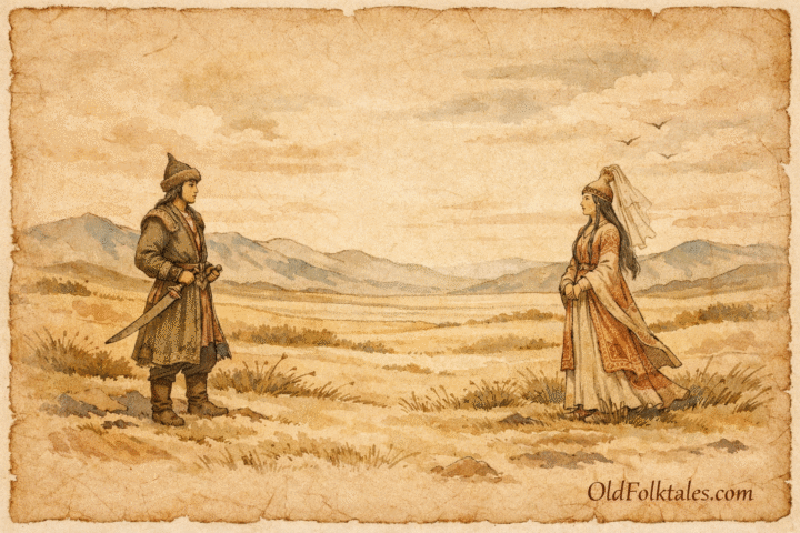 Parchment-style artwork of Kozy and Bayan on the Kazakh steppe, Kazakhstan folktale scene.