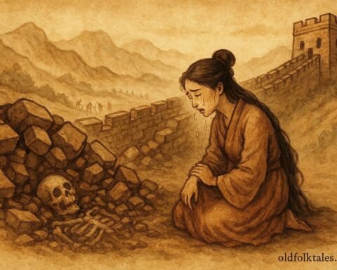 Lady Meng Jiang weeping as the Great Wall crumbles, Northern Chinese folklore.