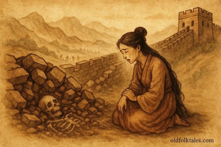 Lady Meng Jiang weeping as the Great Wall crumbles, Northern Chinese folklore.
