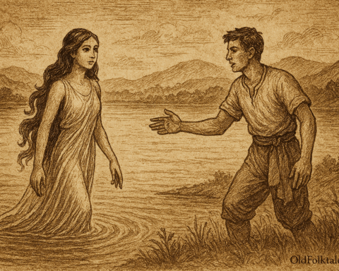 Sepia-toned parchment illustration of a mystical folktale scene at Lake Iralalaro in Timor-Leste. A spirit bride with flowing dark hair and ethereal glow rises gracefully from the lake, facing a young man on the shore who reaches toward her in awe. Misty mountains and rippling waters form the haunting backdrop, evoking themes of sacred promises, love, and sorrow. "OldFolktales.com" is inscribed at the bottom right.