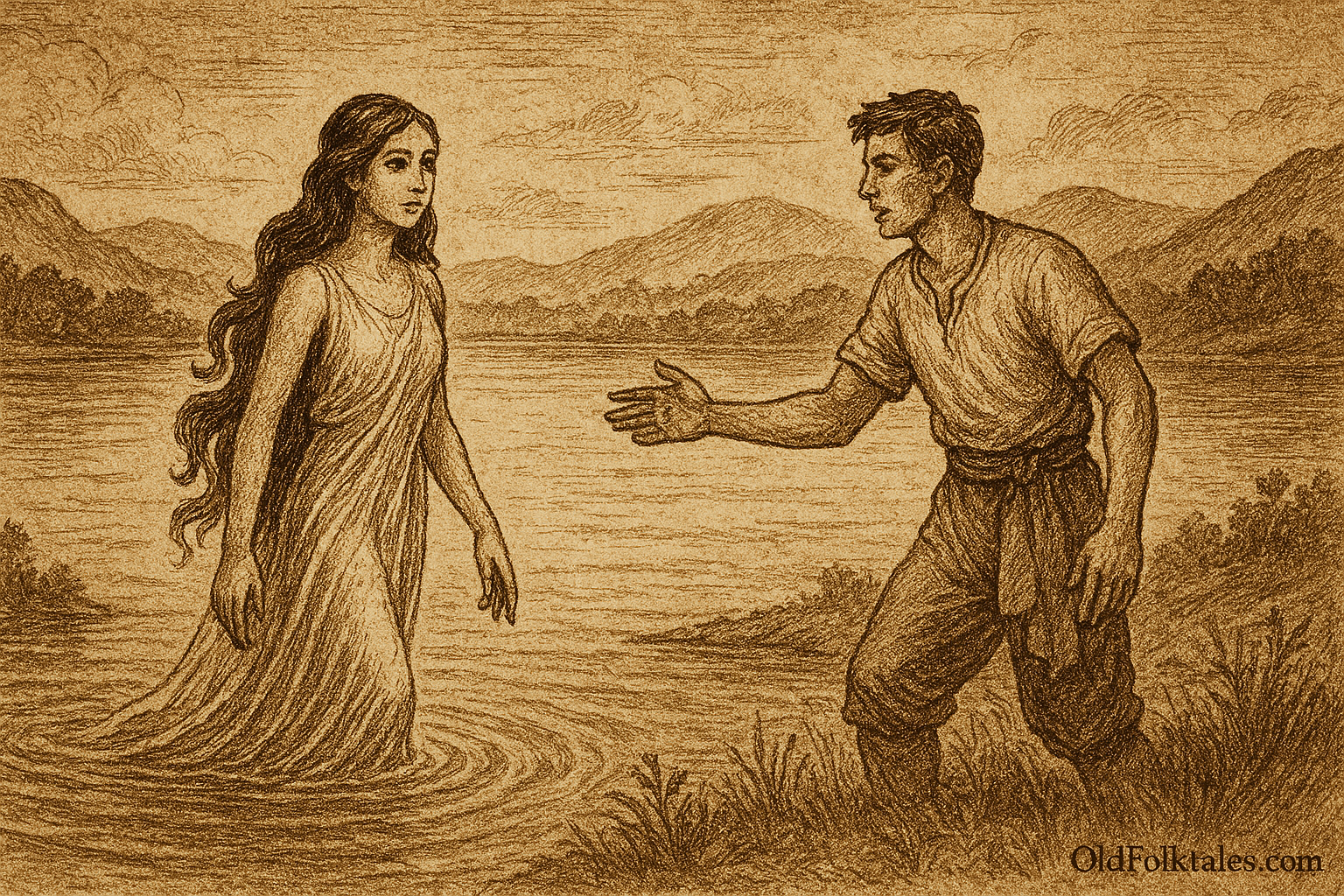 Sepia-toned parchment illustration of a mystical folktale scene at Lake Iralalaro in Timor-Leste. A spirit bride with flowing dark hair and ethereal glow rises gracefully from the lake, facing a young man on the shore who reaches toward her in awe. Misty mountains and rippling waters form the haunting backdrop, evoking themes of sacred promises, love, and sorrow. "OldFolktales.com" is inscribed at the bottom right.