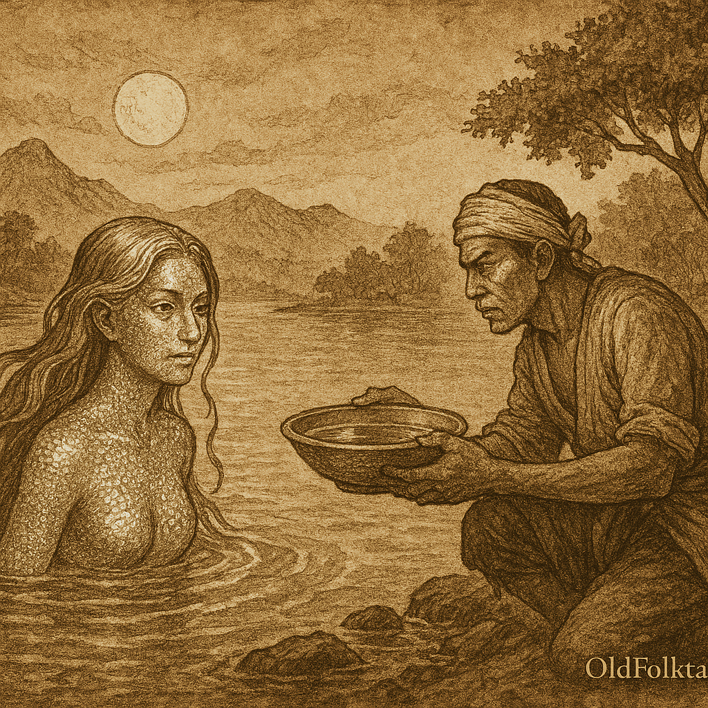 Sepia-toned parchment illustration of the Sulawesi legend Lake Matano Spirit. On the left, a silver-skinned maiden with shimmering, scale-like skin and flowing dark hair rises serenely from the moonlit waters of Lake Matano. Her gaze is intense and directed toward a crouching outsider on the rocky shore to the right, who holds a shallow bowl of water, attempting to capture her reflection. Behind them, misty mountains and dense forests frame the lake under a full moon. The atmosphere evokes mystery, reverence, and supernatural tension. “OldFolktales.com” is inscribed at the bottom right.