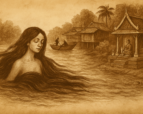 Sepia-toned parchment illustration of the Thai legend Nang Choom Num, the Water Guardian of Mae Klong River. In the foreground, the serene spirit maiden rises from the river, her long black hair flowing and merging with the water’s gentle currents. Her eyes are closed, and her expression is peaceful. To the right, a small ornate shrine stands on the riverbank, adorned with jasmine garlands and lit candles. Nearby, two fishermen in a wooden boat drift quietly, while traditional Thai stilt houses nestle among palm trees in the background. The atmosphere evokes reverence, mystery, and the enduring presence of a protective river spirit. “OldFolktales.com” is inscribed at the bottom right.